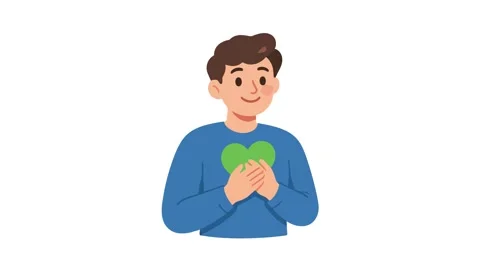 Care animated smiling man holding green heart symbol 4K white background Stock Footage 345856607