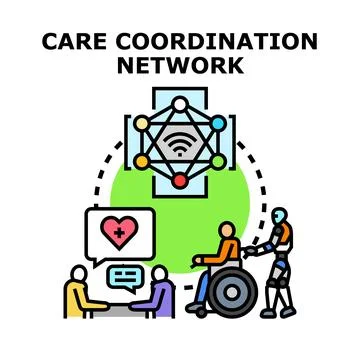 Care coordination network connecting people, technology, and health services イラスト素材