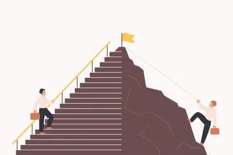 Career development, difficult and easy challenge way, people climb up to flag on Stock Illustration