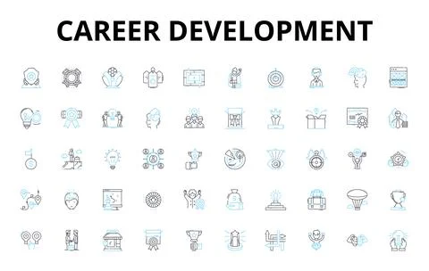 Career development linear icons set. Progression, Advancement, Learning, Growth Illustrazione stock