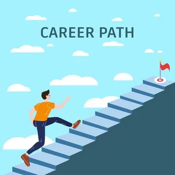 Career Path Young man running up stairway to target. Cuccessful choice employ Stock Illustration