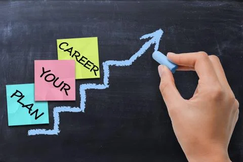 Career planning concept with post-it index on ladder chalk drawn on blackboard Stock Photos
