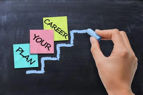 Career planning concept with post-it index on ladder chalk on blackboard Fotos Stock