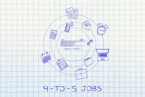 Career progress bar &amp; office objects, efficiency concept Stock Illustration