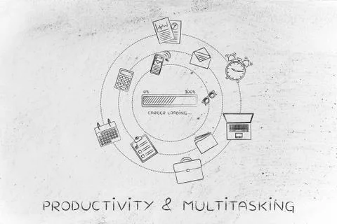 Career progress bar &amp; office objects, efficiency concept Stock Illustration