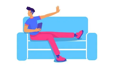 Carefree guy with tablet sitting on sofa semi flat color vector character Stock Illustration