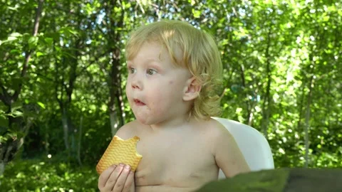 Carefree toddler indulges in a cookie while perched on a park bench, their Stock Footage 280154725