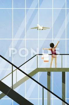 Carefree woman in bathing suit stretching on airport escalator Stock Illustration