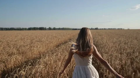 Carefree woman running through golden wheat field Stock Footage