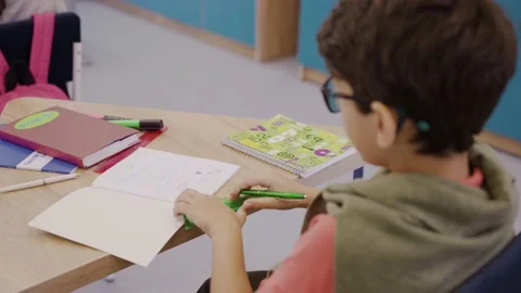Careful boy drawing in geometry lesson with ruler and pencil, elementary school Stock Footage 162738880