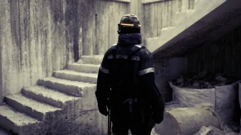 Careful documentation of stairwell devastation after fire incident Stock Footage 335102761
