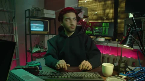 Careful hacker stealing information from laptop, preparing to break password and 스톡 동영상 158380448
