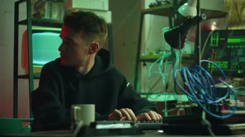 Careful hacker stealing information from laptop, preparing to break password and Stock-Footage 163680992
