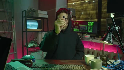 Careful hacker stealing information with usb from laptop, preparing to break Stock Footage 158624437