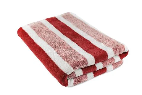 Carefully folded soft striped bath red towel isolated on white background Stock Photos