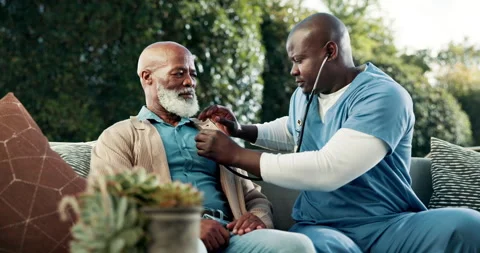 Caregiver, checkup and old man at house with stethoscope, cardiology and Stock Footage 341664063