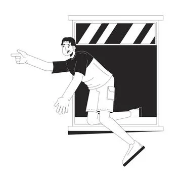 Careless asian man falling of window black and white 2D line cartoon character Stock Illustration