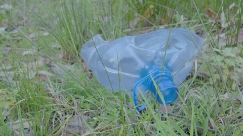 A carelessly thrown away plastic water bottle on a forest path. Plastic tra.. Stock Footage 263757324