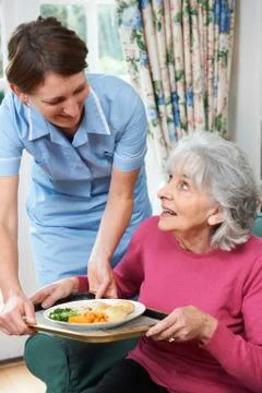 Carer Serving Lunch To Senior Woman Stock Photos