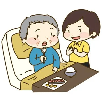 Caretaker supporting old man with eating Stock Illustration