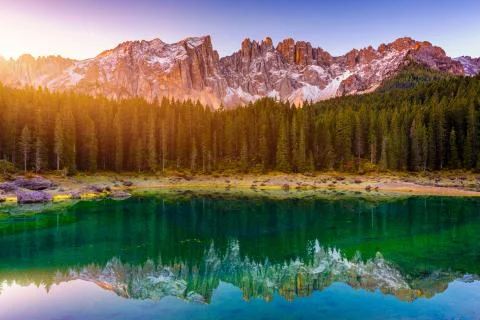 Carezza lake (Lago di Carezza, Karersee) with Mount Latemar, Bolzano province Stock Photos