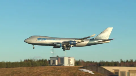 Cargo airplane boeing 747 pre russian sky gates silkway landing Stock Footage 172091038