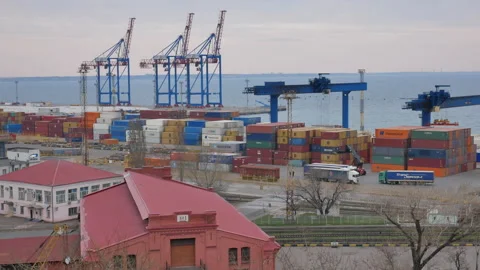 Cargo and dockside cranes in Odesa port, Ukraine - Editorial, 4K, Wide shot, Pan Stock Footage 171589137