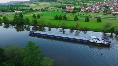 Cargo barge floats on the river Stock Footage 194579794