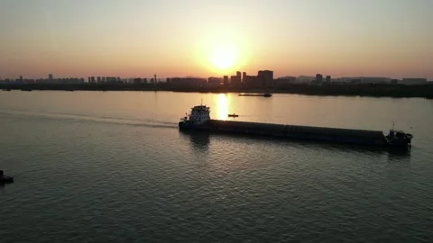 Cargo Barge Moving Along Broad River in Nanjing, China Stock Footage 344039532