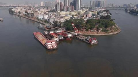 Cargo barges are moored close to each other. Stock Footage 118212818