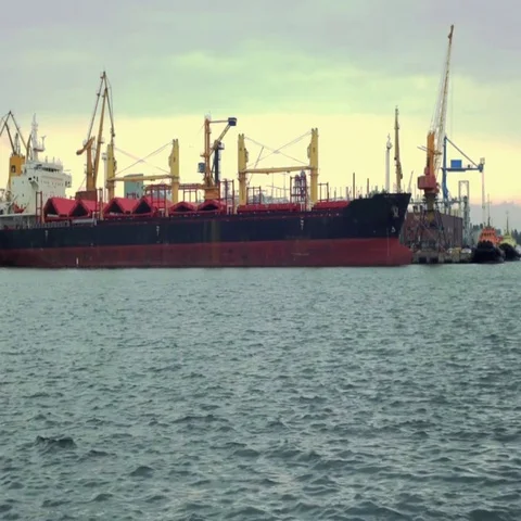 Cargo base-ship in the port in calm Stock Footage 69535437