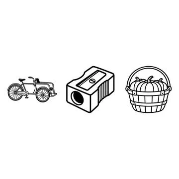Cargo bicycle pencil sharpener and basket of pumpkins icons Stock Illustration