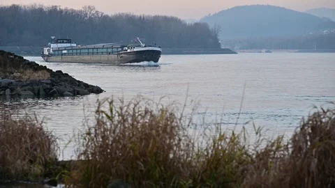 Cargo boat at the danube river Stock Footage 126761394