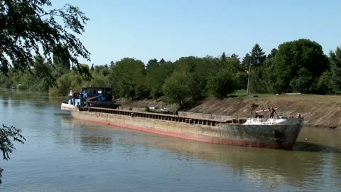 Cargo boat floating on river in summer day on background green forest. Video stock 137052821