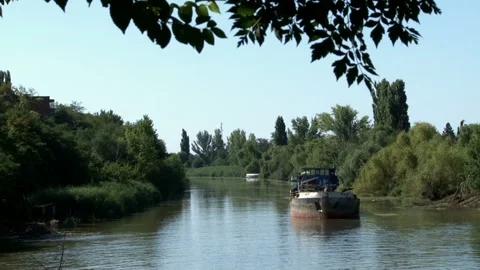 Cargo boat floating on river in summer day on background green forest. Video stock 137054377