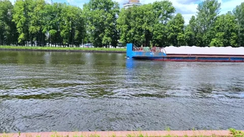 Cargo boat floating on river in summer day. A barge with cargo. Video stock 289287146