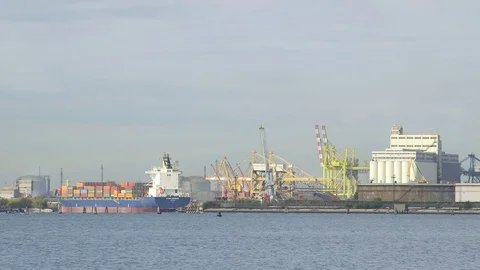 Cargo Boat Leaving dock Stock Footage 85008858