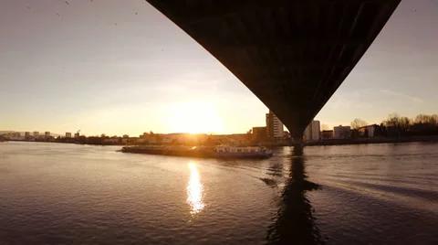 Cargo boat ship ferry. logistics. bridge at sunset. water transportation Video stock 36175232