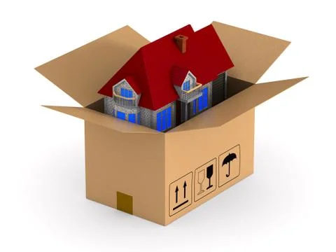Cargo box with house. Isolated 3D illustration Illustrazione stock
