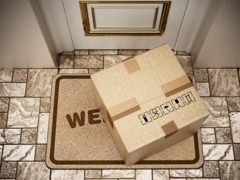 Cargo box standing on doormat. 3D illustration Illustrazione stock