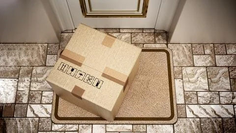 Cargo box standing on doormat. 3D illustration Illustrazione stock
