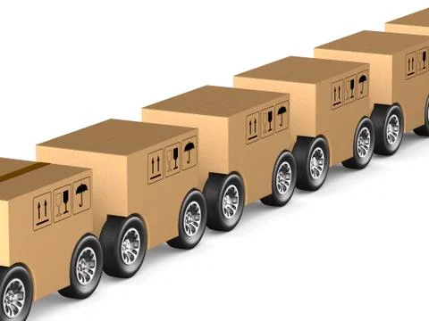 Cargo box with wheel on white background. Isolated 3D illustration Illustrazione stock