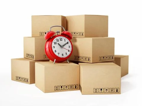 Cargo boxes and alarm clock isolated on white background. 3D illustration ... Foto stock