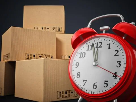 Cargo boxes and alarm clock standing on black background. 3D illustration ... Fotos de archivo