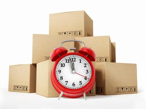 Cargo boxes and alarm clock isolated on white background. 3D illustration ... Foto stock
