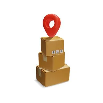 Cargo boxes and red delivery icon in 3D vector scene. Stock Illustration