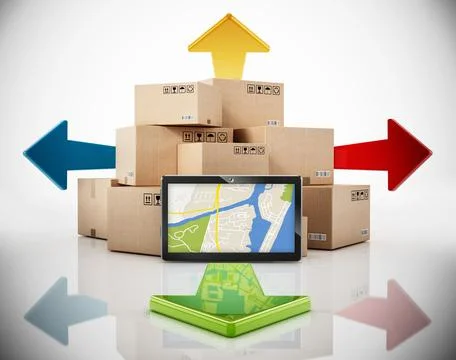 Cargo boxes, four way arrows and tablet computer withGPS map. 3D illustration 스톡 일러스트