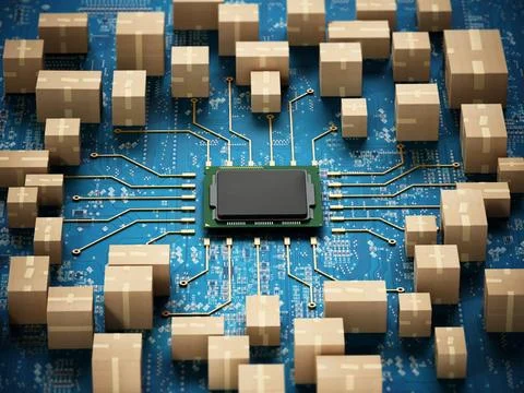 Cargo boxes standing around mainboard with a CPU in the center. Cargo ship... Fotos Stock