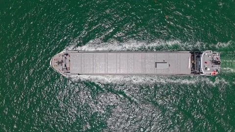 Cargo business. Empty barge. Cargo ship with container at sea, aerial view Stock Footage 314750560