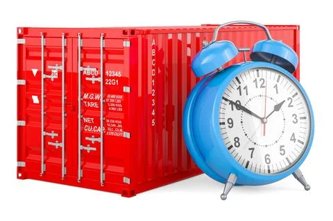 Cargo container with alarm clock. Fast delivery concept, 3D rendering Stock Illustration
